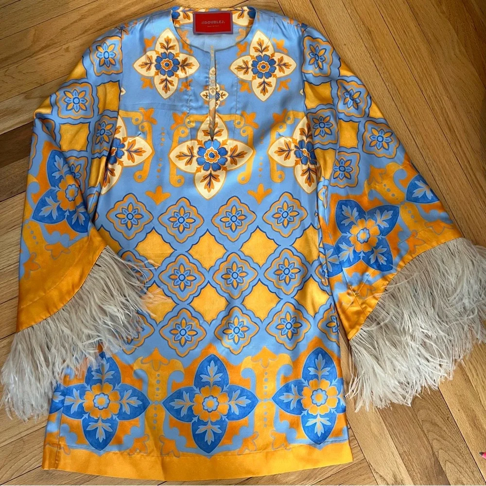 LA DOUBLEJ Printed feather-trimmed silk minidress - Picture 2 of 7